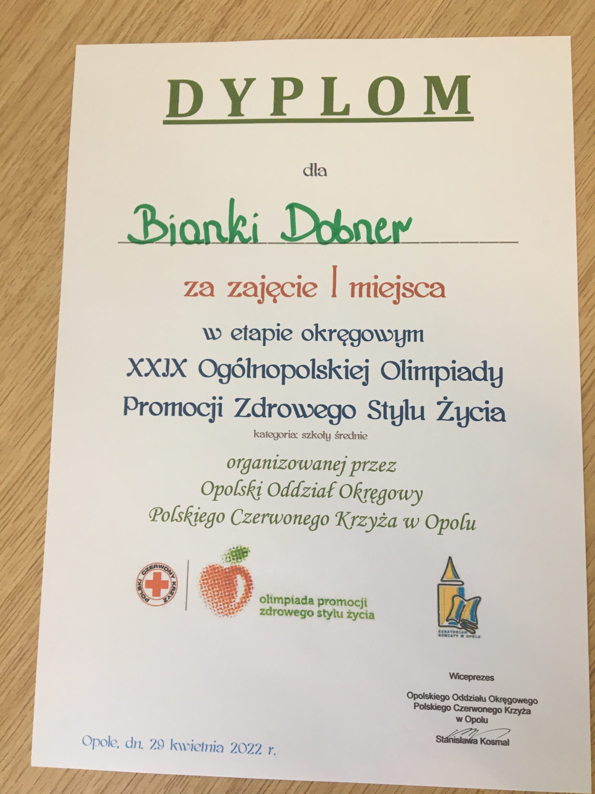 Sukces Bianki Dobner z I LO w XIX edycji Ogólnopolskiej Olimpiady Promocji Zdrowego Stylu Życia PCK w Opolu!