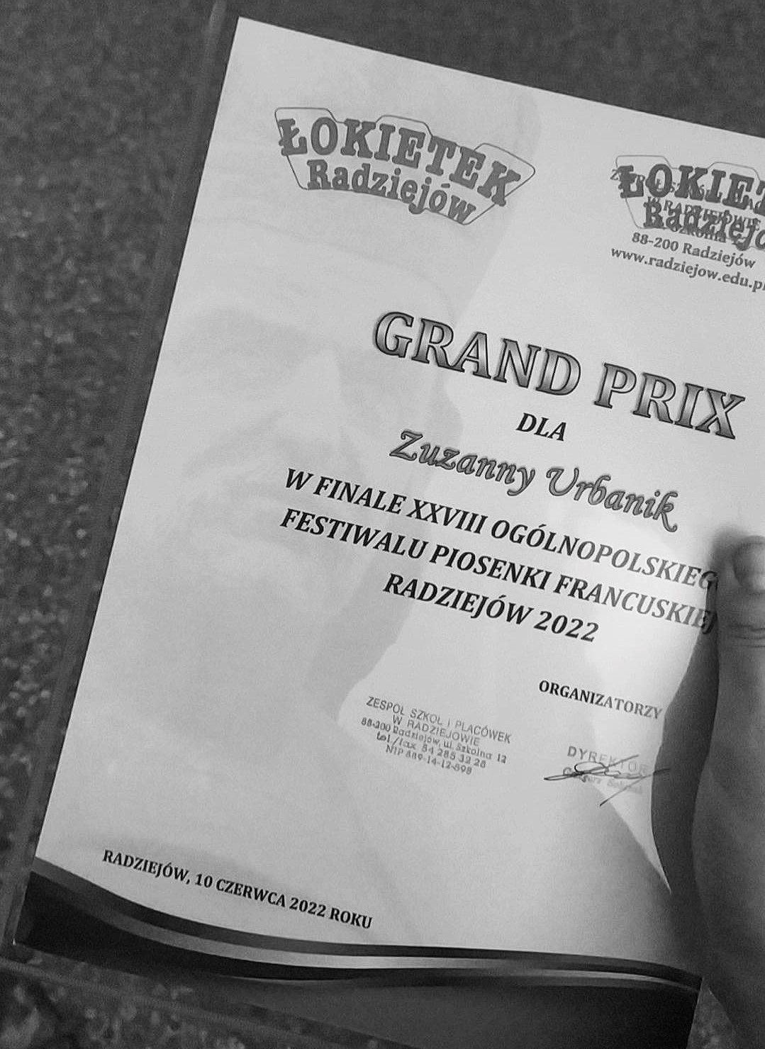 Grand Prix XXVIII Ogólnopolskiego Festiwalu Piosenki Francuskiej w Radziejowie dla Uczennicy I LO!