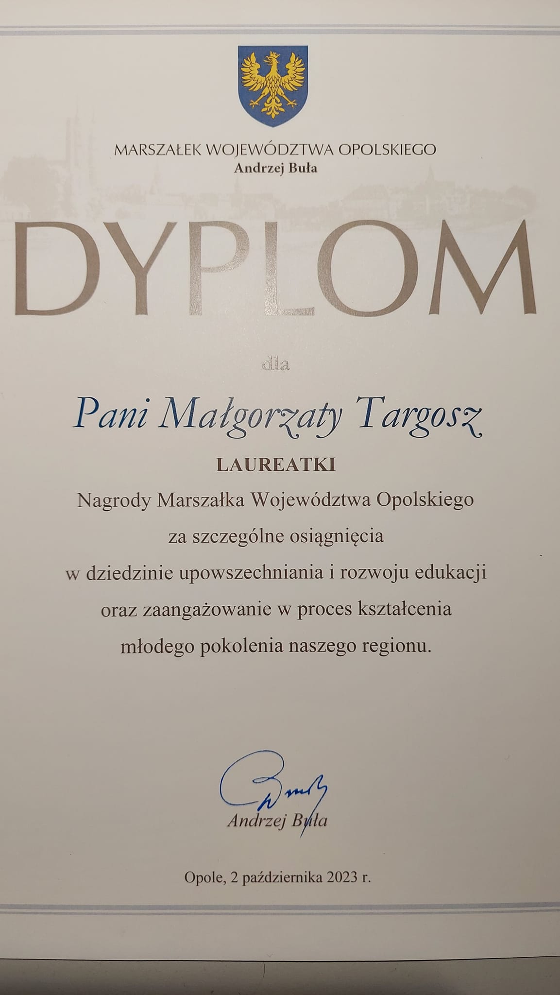 Nagroda Marszałka Województwa Opolskiego dla Pani Dyrektor Małgorzaty Targosz