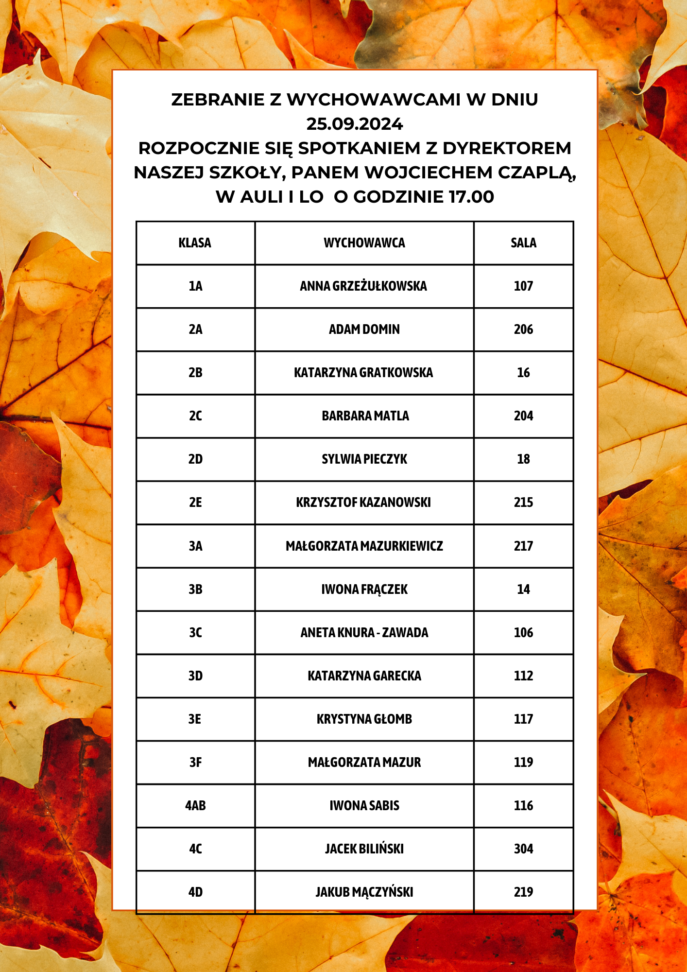 NOWY TERMIN SPOTKANIA Z WYCHOWAWCAMI