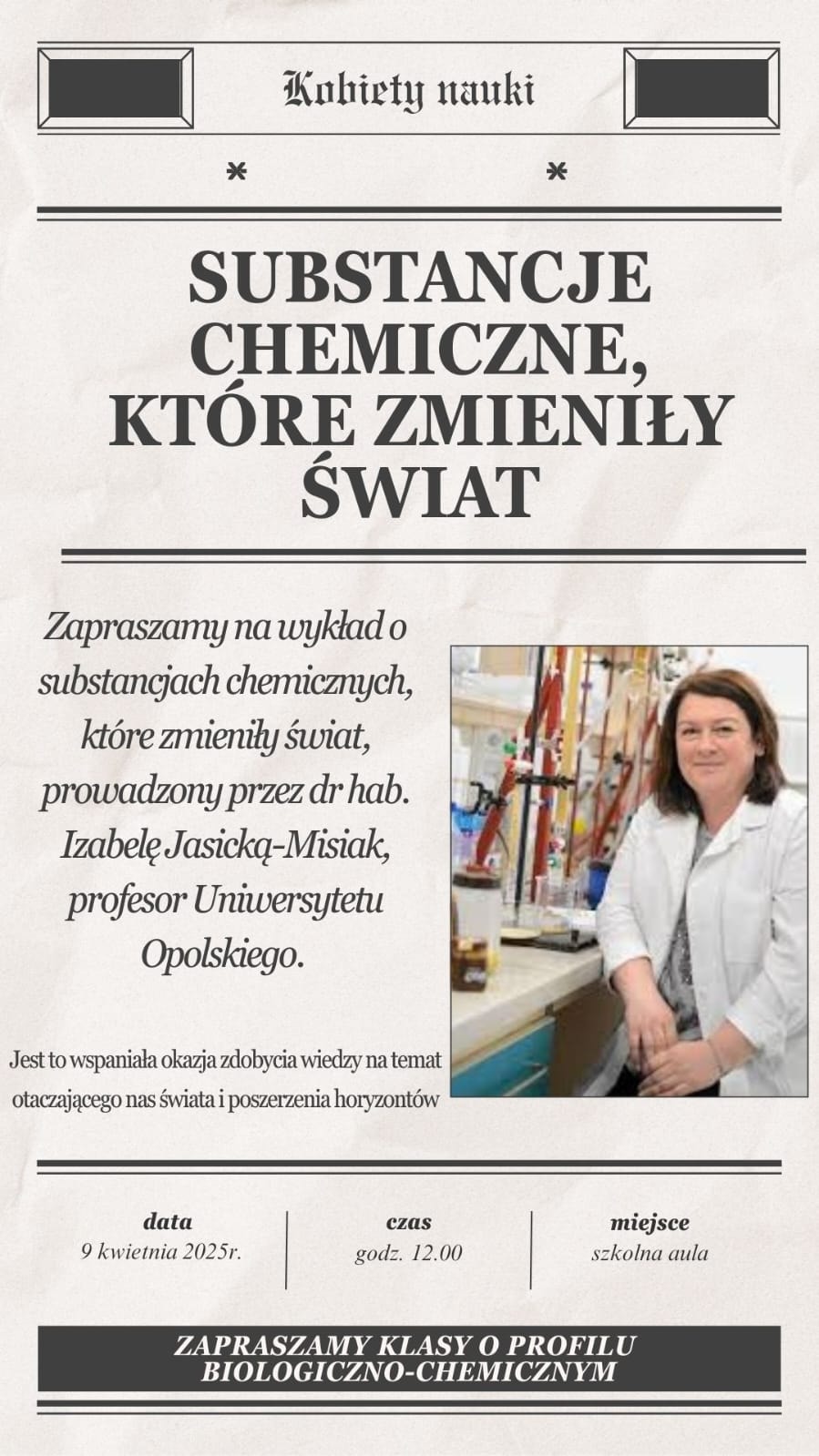 Wykład pt. „Substancje chemiczne, które zmieniły świat”